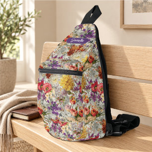 Elegantes lila-blumiges graues Muster Monogramm Crossbody Bag