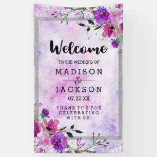 Elegantes lila-blumiges und silbernes Hochzeitswil Banner