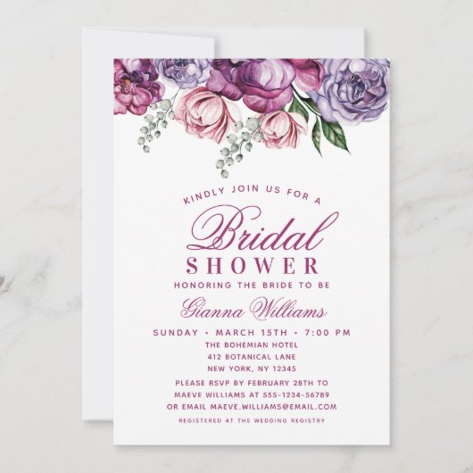 Elegantes Lila Brautparty Einladung (Vorderseite)