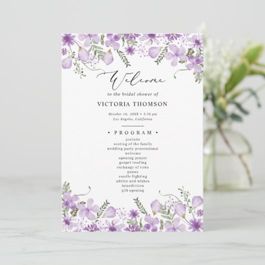 Elegantes Lila Brautparty Einladung (Stehend Vorderseite)