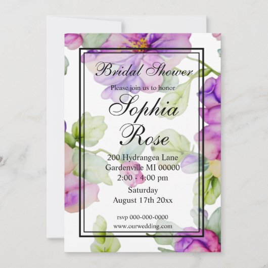 Elegantes lila Brautparty mit Blumen Einladung (Vorderseite)