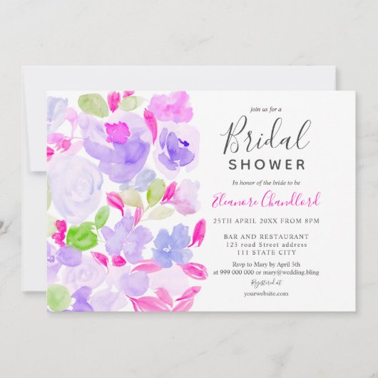 Elegantes lila Brautparty mit floralen Farben Einladung (Vorderseite)