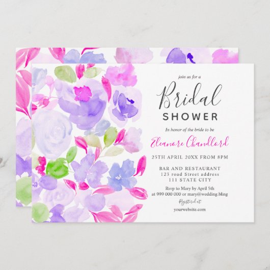 Elegantes lila Brautparty mit floralen Farben Einladung (Vorne/Hinten)