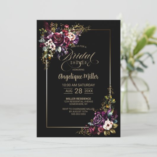 Elegantes Lila Burgundy Floral Black Brautparty Einladung (Stehend Vorderseite)