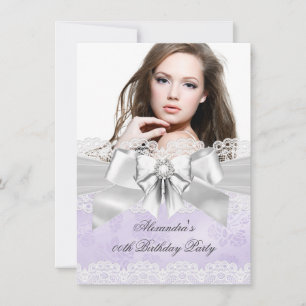 Elegantes Lila Damast Silber Foto Geburtstagsfeier Einladung