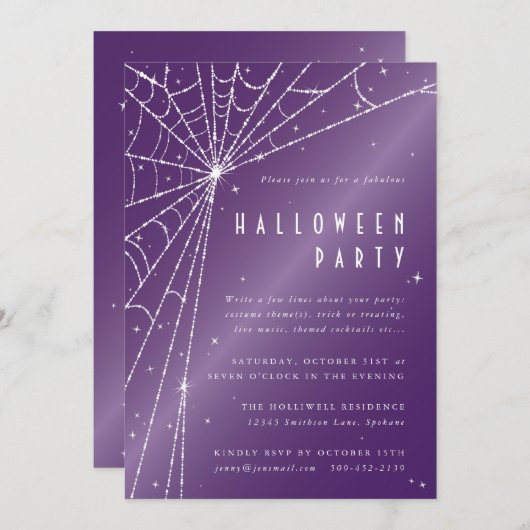 Elegantes Lila Diamond Spider Web-Halloween-Party Einladung (Vorne/Hinten)