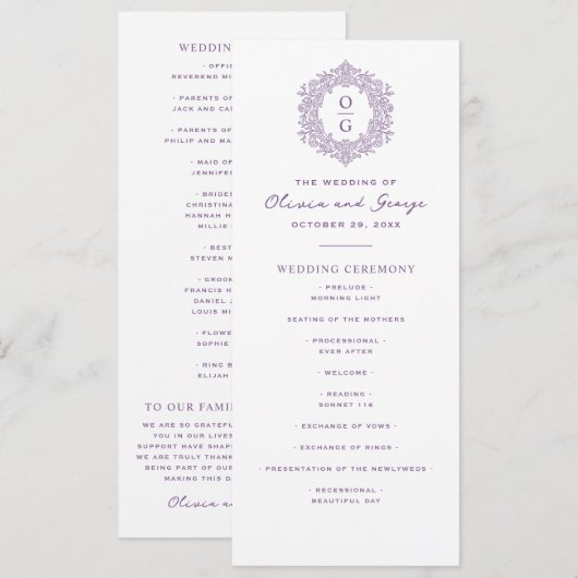 Elegantes lila Erbstück-Hochzeit Programm (Vorne/Hinten)