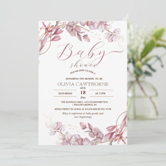 Elegantes Lila Eucalyptus Girly Baby Shower Party Einladung (Stehend Vorderseite)