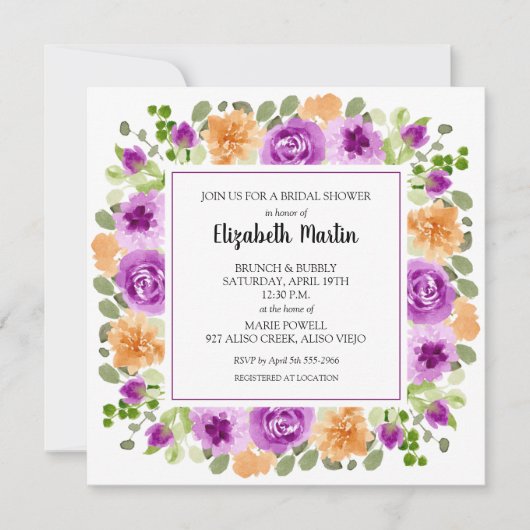 Elegantes Lila florales Brautparty Einladung (Vorderseite)