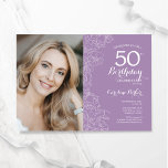 Elegantes Lila florales Foto 50. Geburtstag Einladung<br><div class="desc">Leichte lila blumengeschmückte 50. Geburtstagsfeier mit deinem Foto auf der Kartenvorderseite. Elegantes modernes Design mit botanischen Kontur Zeichnungen Akzente und Typografie Drehbuch Schriftart. Einfache,  trendige Einladungskarte für eine stilvolle Damenfeier. Kann für jedes Alter angepasst werden. Gedruckte Zazzle Einladungen oder Sofortdownload digitalen druckbaren Vorlage.</div>