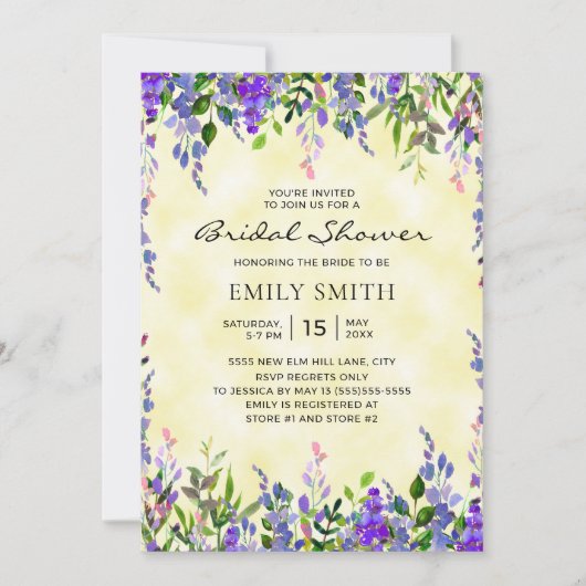 Elegantes Lila florgelbes Brautparty Einladung (Vorderseite)
