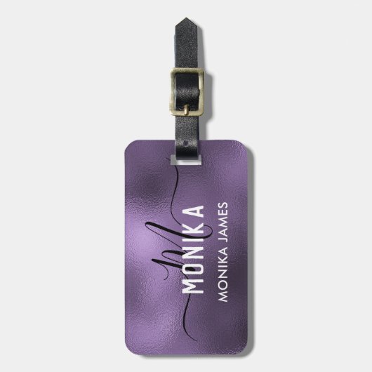Elegantes Lila Foil Monogramm Custom Gepäckanhänger (Vorderseite vertikal)