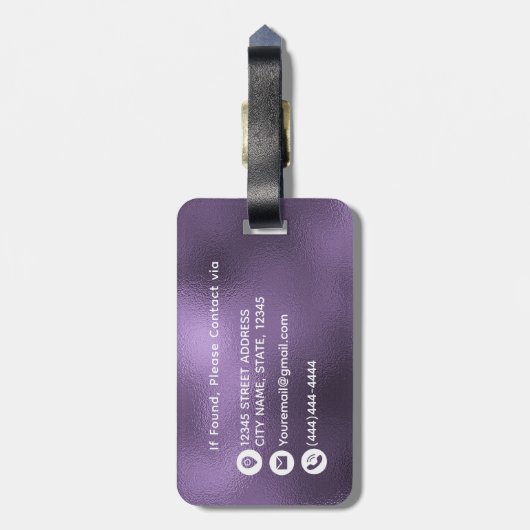 Elegantes Lila Foil Monogramm Custom Gepäckanhänger (Rückseite vertikal)