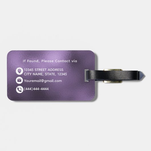 Elegantes Lila Foil Monogramm Custom Gepäckanhänger (Rückseite horizontal)