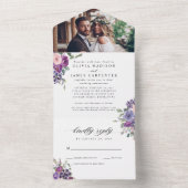 Elegantes Lila Foto mit floralen Wasserfarben Hoch All In One Einladung (Innen Boden)