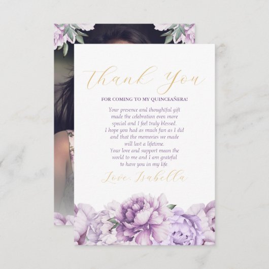 Elegantes Lila Foto Quinceañera Dankeskarte (Vorne/Hinten)