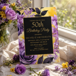 Elegantes lila-gelbes Blumenmotiv zum 50. Geburtst Einladung