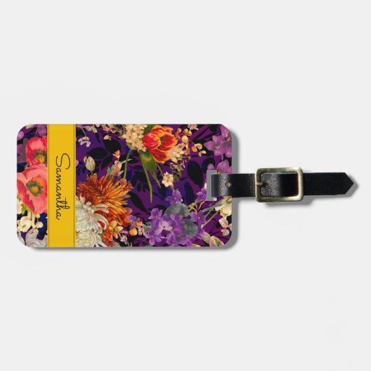 Elegantes, lila-gelbes Blumenmuster Gepäckanhänger (Vorderseite horizontal)