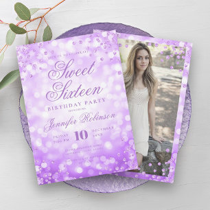 Elegantes Lila Glam Lights Foto Sweet 16 Einladung
