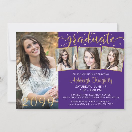 Elegantes Lila Gold 4 Foto Confetti Graduate Einladung (Vorderseite)