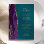 Elegantes Lila Gold Agate Aquamarin Wedding Menü Menükarte<br><div class="desc">Die links Seite dieses eleganten,  modernen Hochzeitsmenüs besticht durch eine lila Aquarellgrenze mit vergoldetem Imitat-Glitzer. Der anpassbare Text kombiniert goldfarbene Handschrift-Skripte und Copperplate-Schriftart auf einem aquamarinen blauen Hintergrund. Auf der Rückseite ist ein lila und goldenes Design zu sehen.</div>