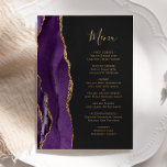 Elegantes Lila Gold Agate Dark Wedding Menü Menükarte<br><div class="desc">Die links Seite dieses eleganten,  modernen Hochzeitsmenüs besticht durch eine lila Aquarellgrenze mit vergoldetem Imitat-Glitzer. Der anpassbare Text kombiniert goldfarbene Handschrift-Skripte und Copperplate-Schriftart auf schwarzem Schiefer-Hintergrund. Auf der Rückseite ist ein lila und goldenes Design zu sehen.</div>