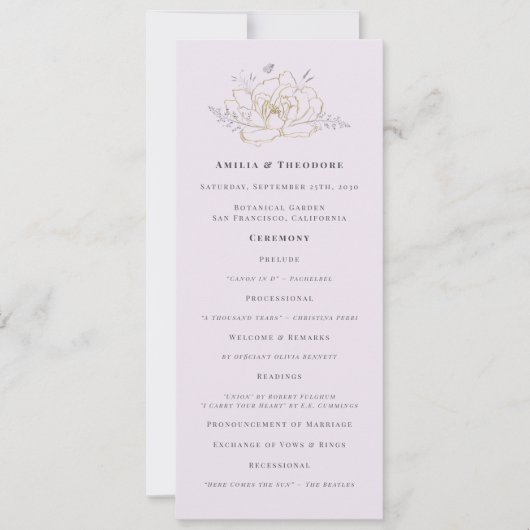 Elegantes lila-gold-blumiges Hochzeitsprogramm (Vorderseite)
