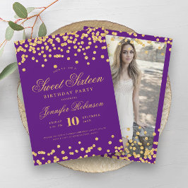 Elegantes Lila Gold Confetti Foto Sweet 16 Einladung