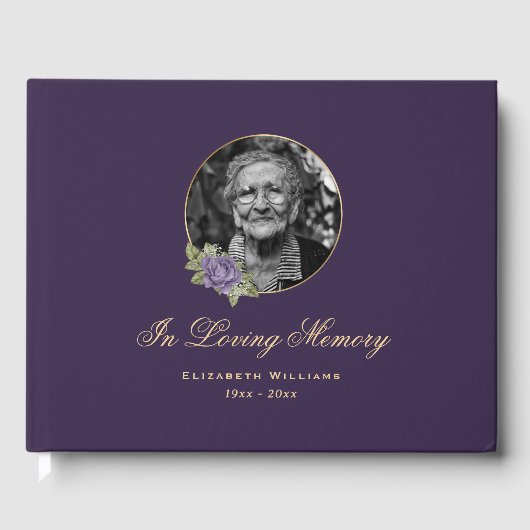 Elegantes Lila Gold Floral Beerdigung Foto Gästebuch (Vorderseite)