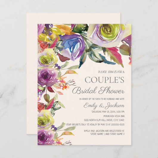 Elegantes Lila Gold Floral Couple-Brautparty Einladung (Vorne/Hinten)