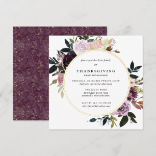 Elegantes Lila Gold Floral Erntedank Abendessen Einladung