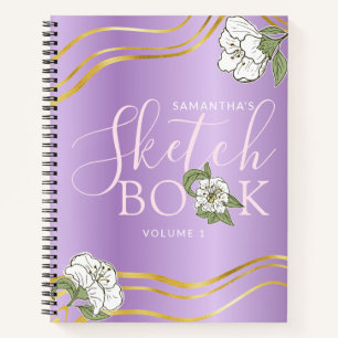 Elegantes Lila Gold Floral Girly Sketchbook Notizblock