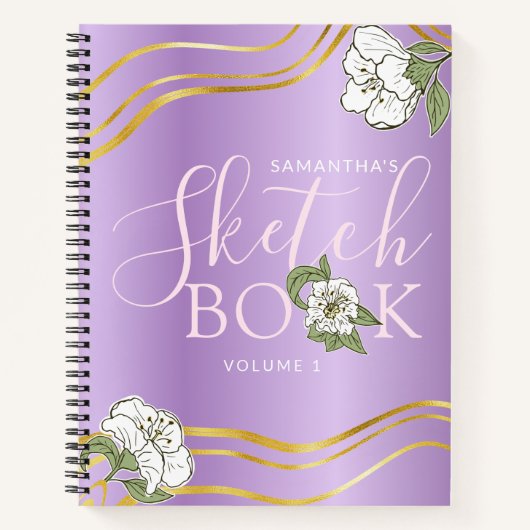 Elegantes Lila Gold Floral Girly Sketchbook Notizblock (Vorderseite)