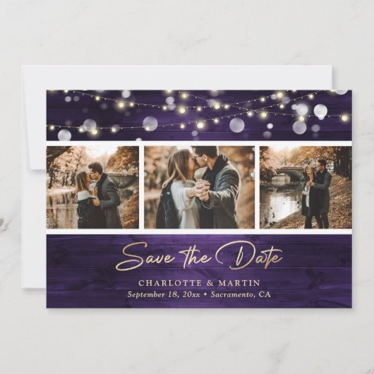 Elegantes Lila Gold Foil Wood Wedding Foto Save The Date (Vorderseite)