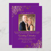 Elegantes Lila & Gold Foto & QR Code Hochzeit Einladung (Vorne/Hinten)
