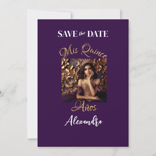 Elegantes Lila Gold Foto Quinceñera Spanisch Save The Date (Vorderseite)
