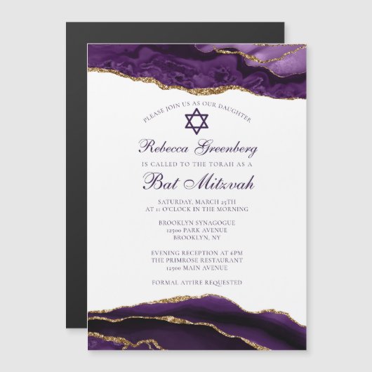 Elegantes Lila Gold Glam Bat Mitzvah Party Magneteinladung (Vorne/Hinten)
