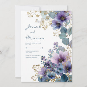 Elegantes Lila Gold Glitter Blumen Eukalyptus Einladung