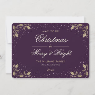 Elegantes Lila Gold Holly Snow Feiertagskarte