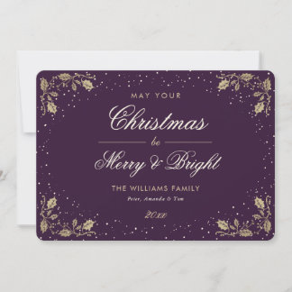 Elegantes Lila Gold Holly Snow Feiertagskarte
