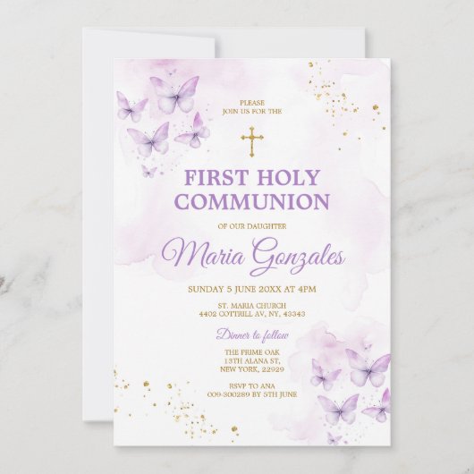 Elegantes Lila-Gold-Kreuz Erste Heilige Kommune Einladung (Vorderseite)