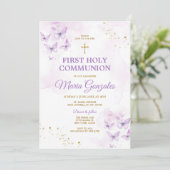 Elegantes Lila-Gold-Kreuz Erste Heilige Kommune Einladung (Stehend Vorderseite)