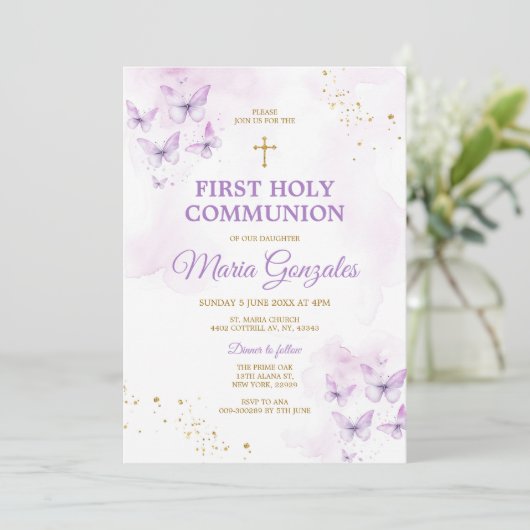 Elegantes Lila-Gold-Kreuz Erste Heilige Kommune Einladung (Stehend Vorderseite)