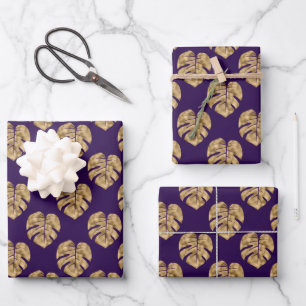 Elegantes Lila Gold Palm Leaf Muster Geschenkpapier Set