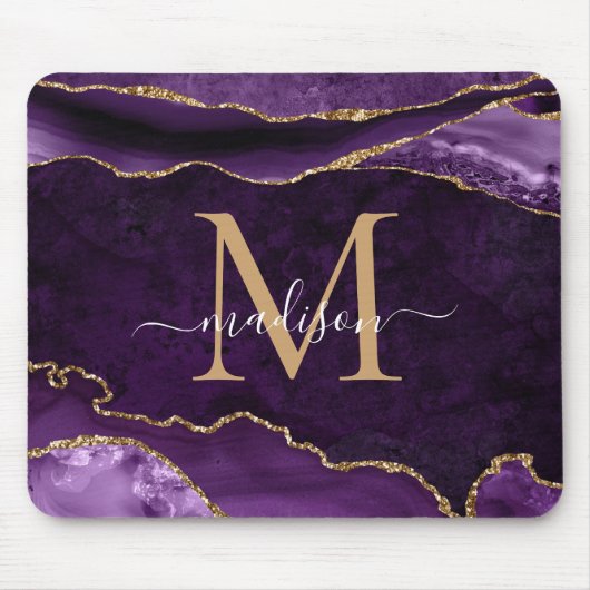 Elegantes Lila Gold Sparkle Agate Geode Monogramm Mousepad (Vorne)