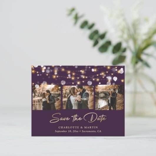 Elegantes Lila Gold Wedding Foto Save the Date Ankündigungspostkarte (Stehend Vorderseite)