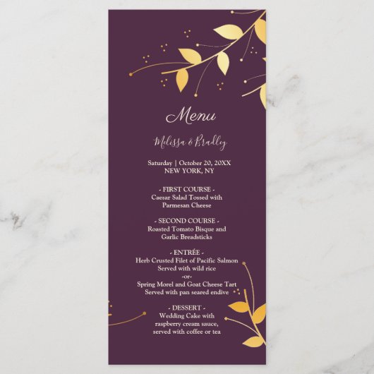 Elegantes Lila Golden Blätter Wedding Menu Programm (Vorderseite)