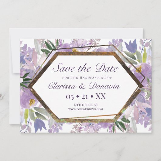 Elegantes Lila & goldenes florales Wicca-Handling Save The Date (Vorderseite)