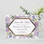 Elegantes Lila & goldenes florales Wicca-Handling Save The Date (Stehend Vorderseite)
