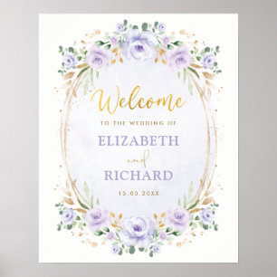 Elegantes Lila Goldfloralhochzeitungspposter Poster